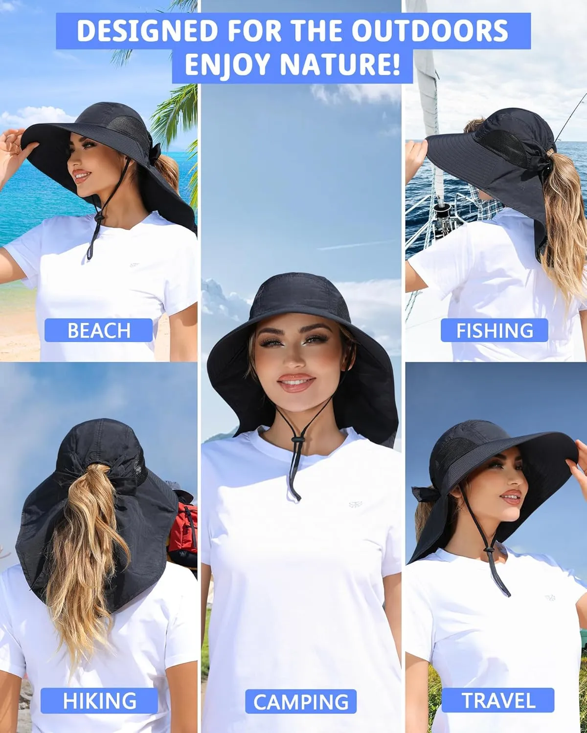 Womens Sun Hat Outdoor UV Protection Wide Brim Fishing Hat with Ponytail Hole Neck Flap for Beach Hiking Camping
