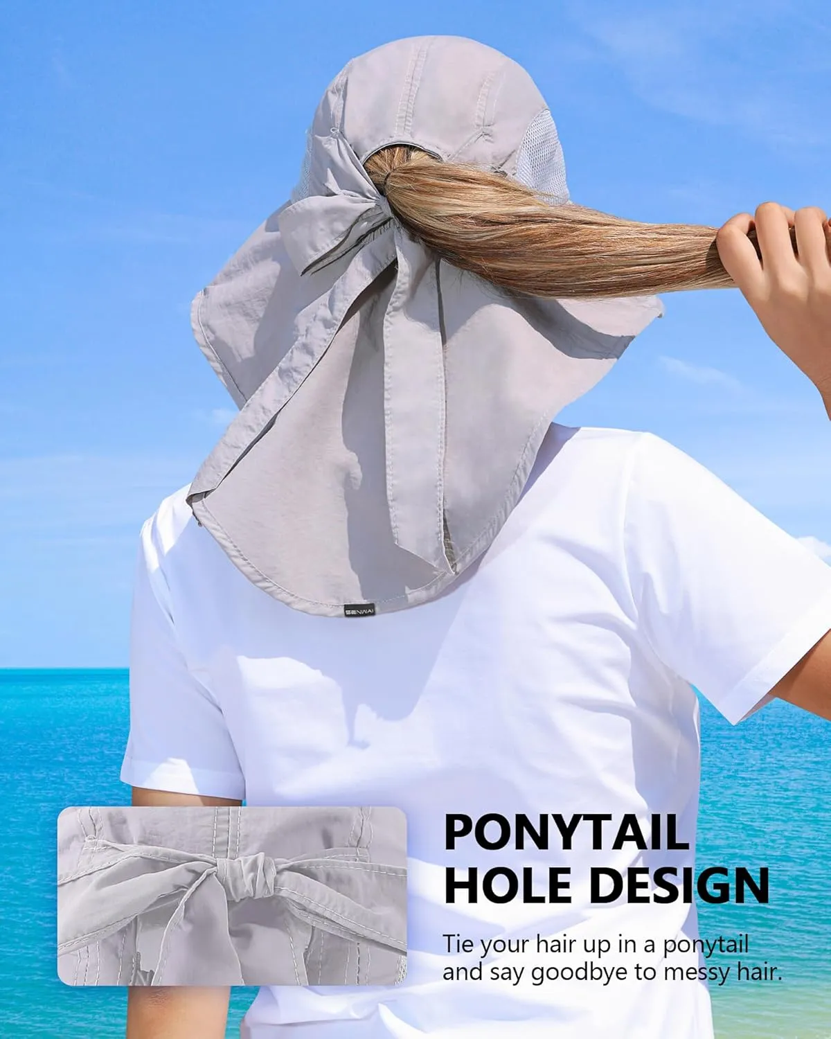 Womens Sun Hat Outdoor UV Protection Wide Brim Fishing Hat with Ponytail Hole Neck Flap for Beach Hiking Camping