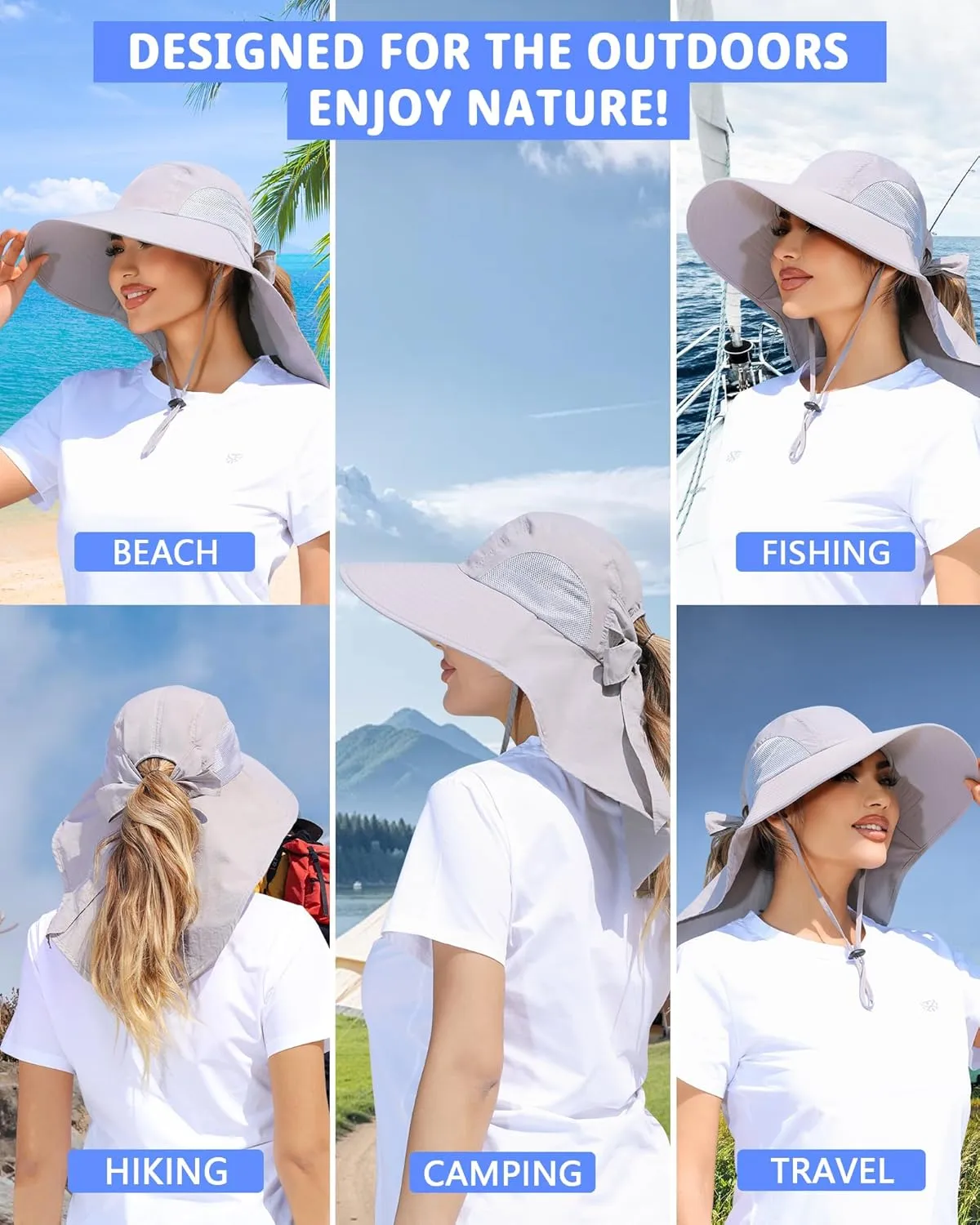 Womens Sun Hat Outdoor UV Protection Wide Brim Fishing Hat with Ponytail Hole Neck Flap for Beach Hiking Camping