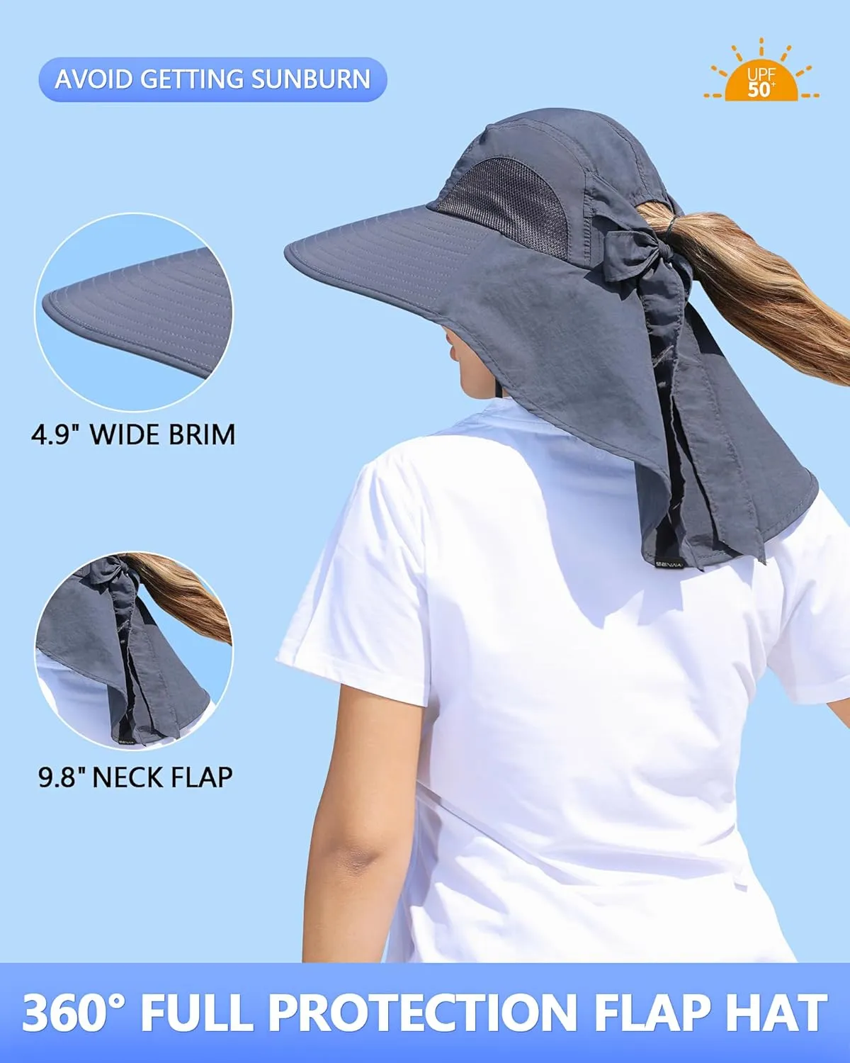 Womens Sun Hat Outdoor UV Protection Wide Brim Fishing Hat with Ponytail Hole Neck Flap for Beach Hiking Camping