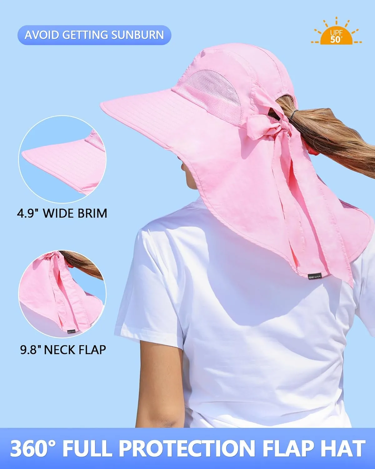 Womens Sun Hat Outdoor UV Protection Wide Brim Fishing Hat with Ponytail Hole Neck Flap for Beach Hiking Camping