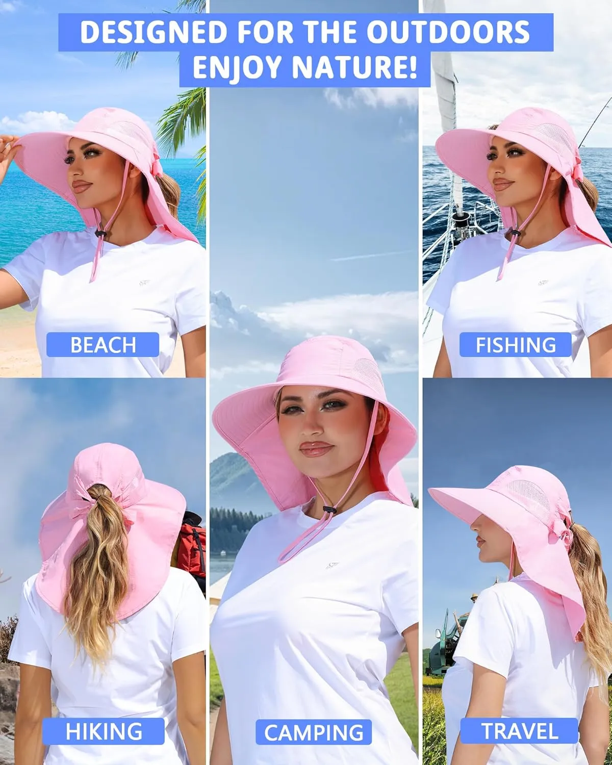 Womens Sun Hat Outdoor UV Protection Wide Brim Fishing Hat with Ponytail Hole Neck Flap for Beach Hiking Camping