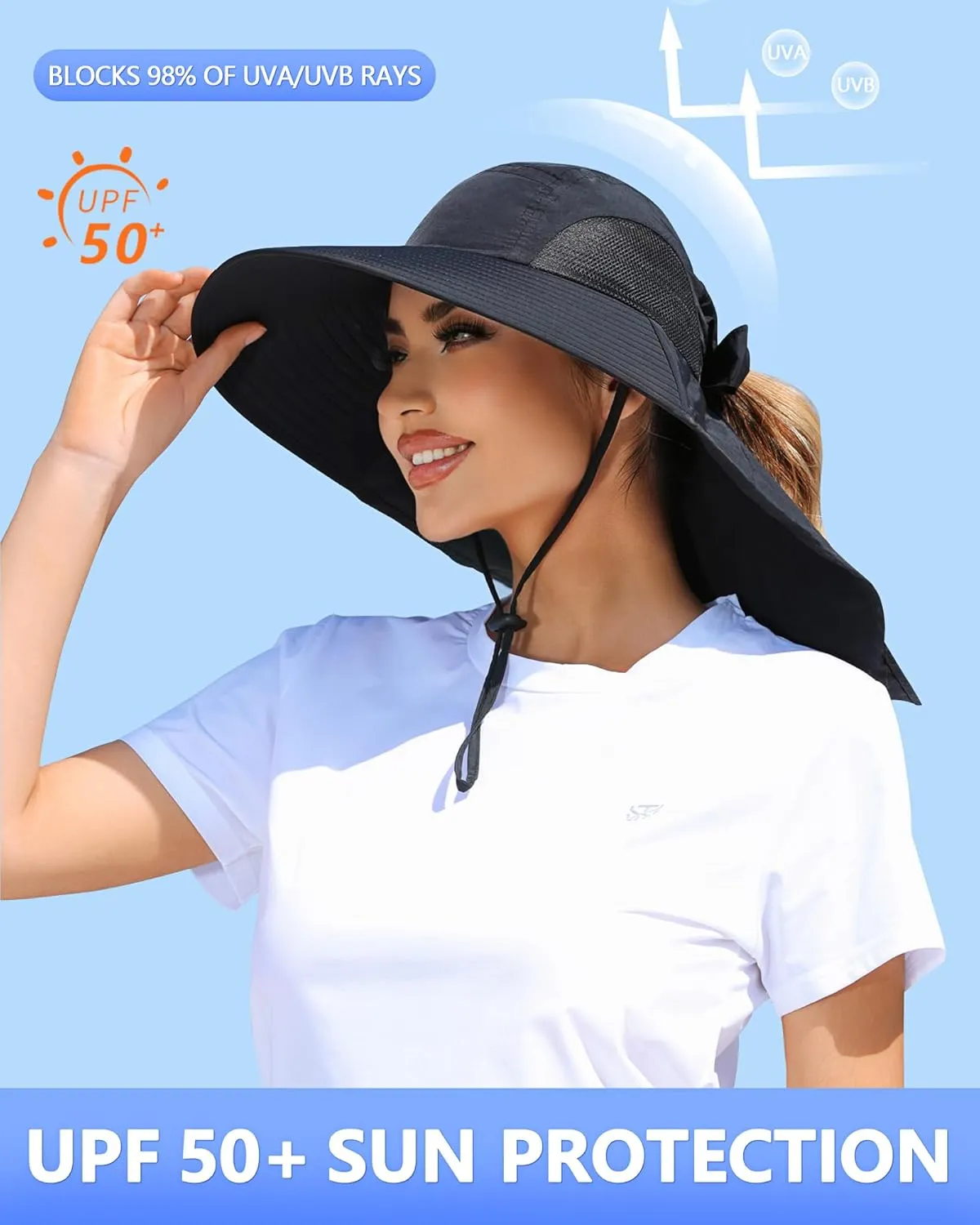 Womens Sun Hat Outdoor UV Protection Wide Brim Fishing Hat with Ponytail Hole Neck Flap for Beach Hiking Camping