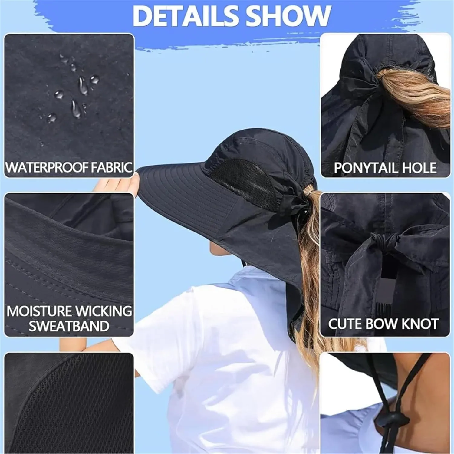 Womens Sun Hat Outdoor UV Protection Wide Brim Fishing Hat with Ponytail Hole Neck