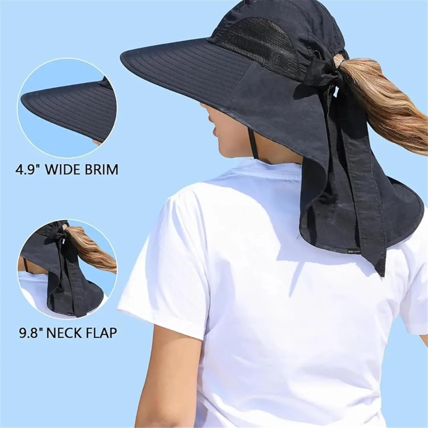 Womens Sun Hat Outdoor UV Protection Wide Brim Fishing Hat with Ponytail Hole Neck