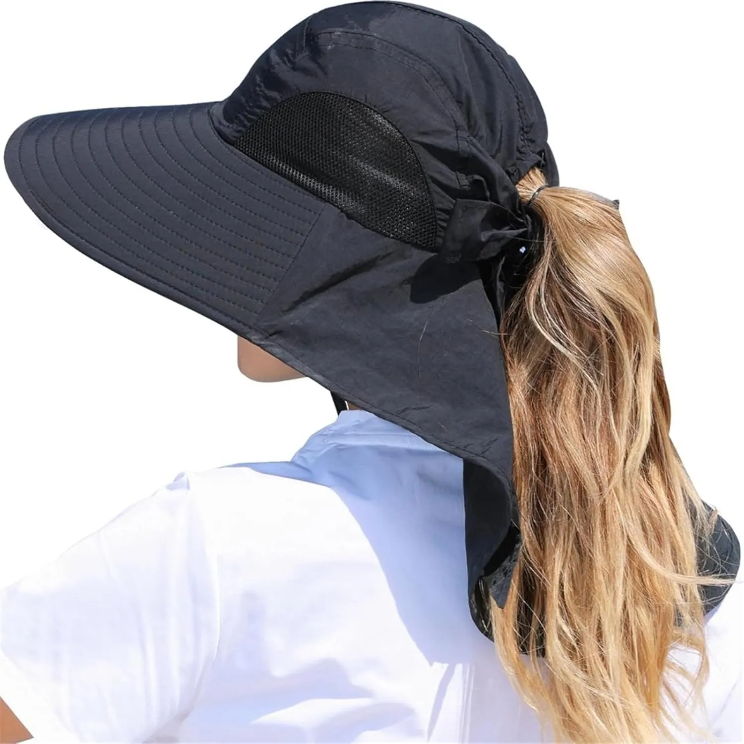 Womens Sun Hat Outdoor UV Protection Wide Brim Fishing Hat with Ponytail Hole Neck