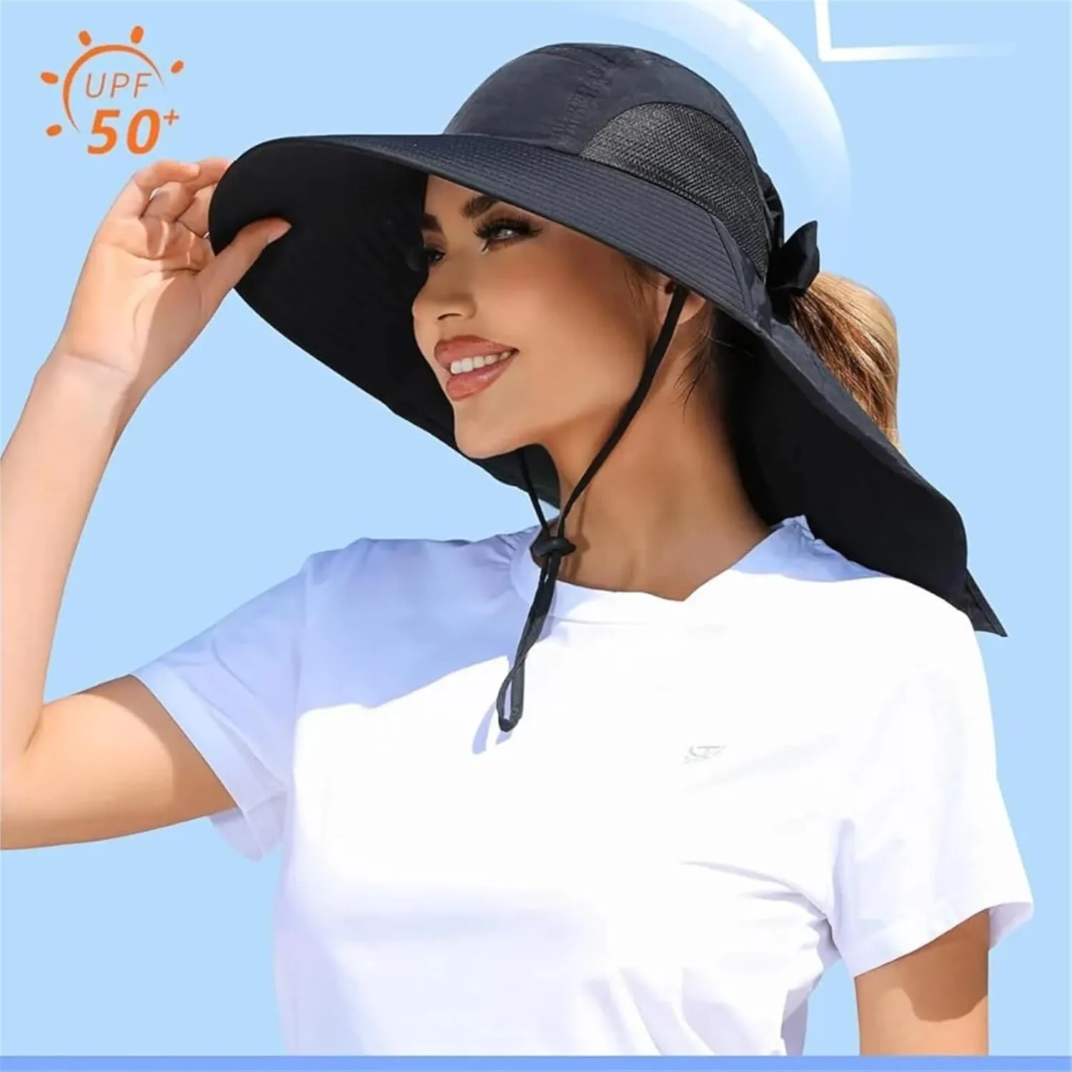 Womens Sun Hat Outdoor UV Protection Wide Brim Fishing Hat with Ponytail Hole Neck