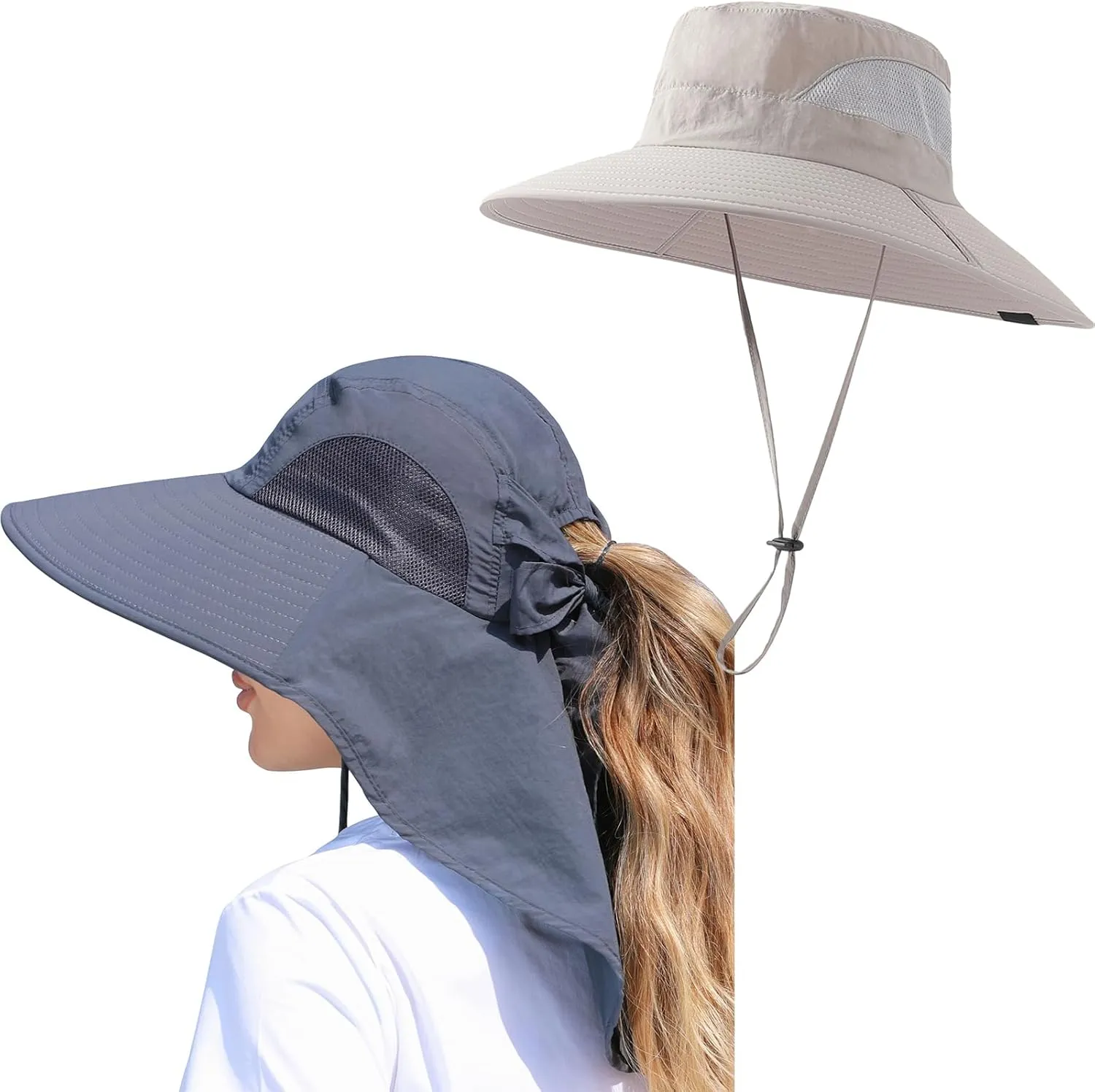 Womens Sun Hat Wide Brim Fishing Hat with Ponytail Hole (Dark Gray and Light Gray Bundle)