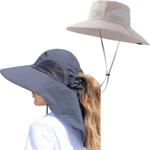 Womens Sun Hat Wide Brim Fishing Hat with Ponytail Hole (Dark Gray and Light Gray Bundle)