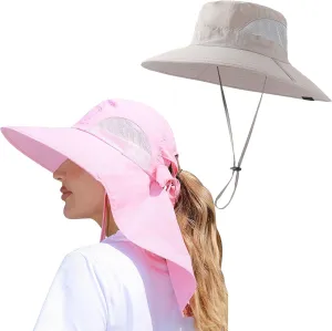 Womens Sun Hat Wide Brim Fishing Hat with Ponytail Hole (Pink and Light Grey Bundle)