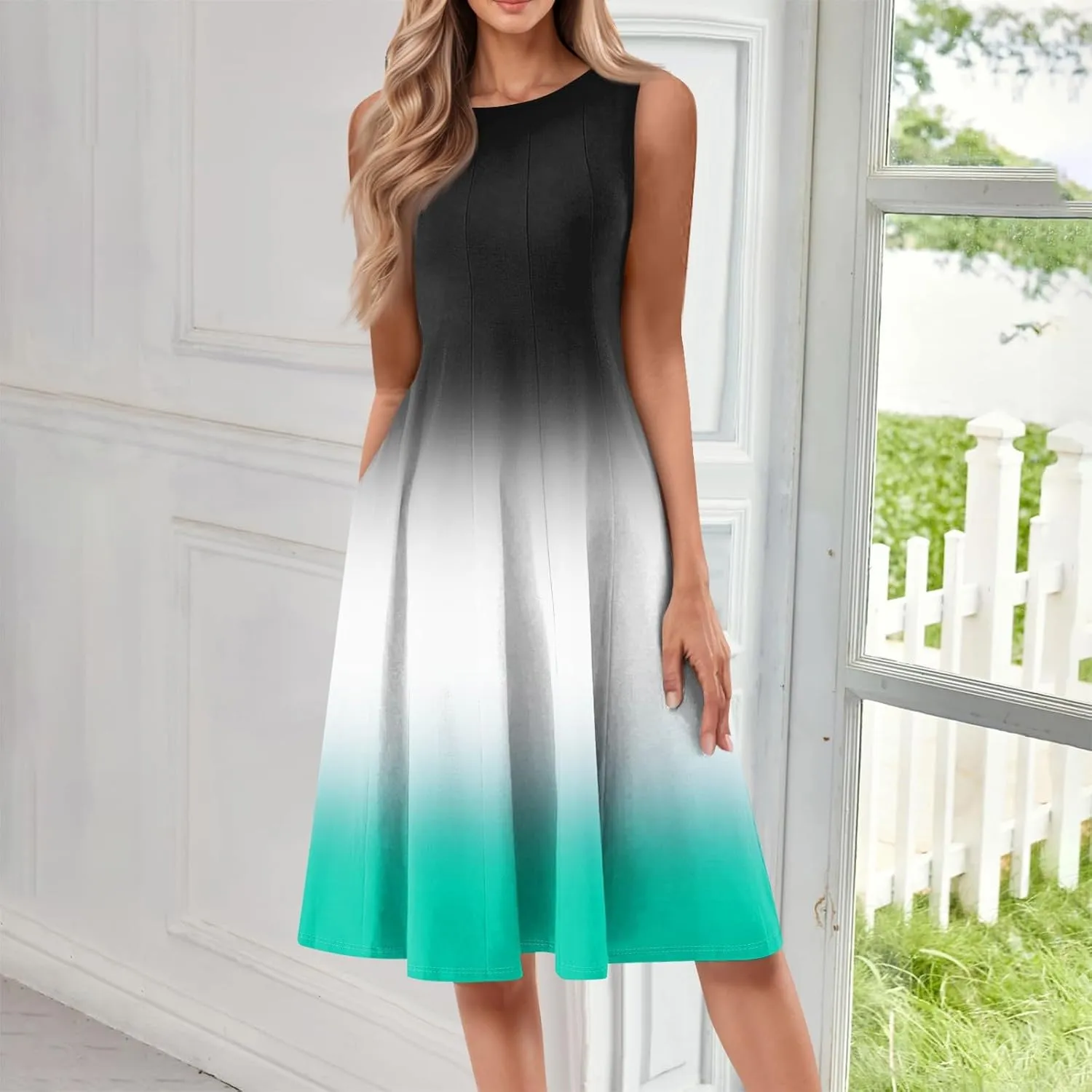 Women's Sundresses Tank Top Dresses Summer Midi Dress Ruched Floral Dress Sleeveless Bohemian A Line Dresses with Pocket