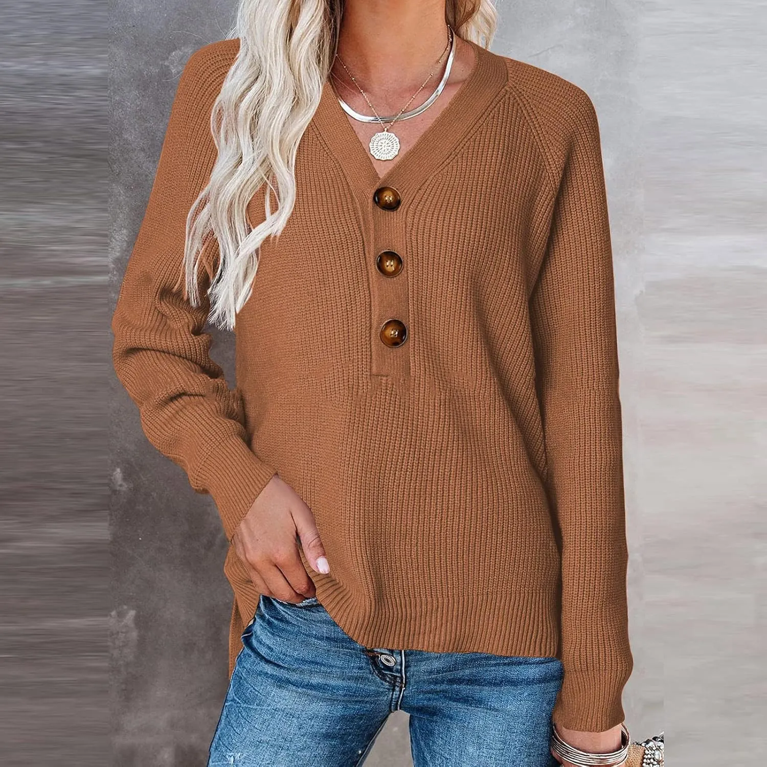 Womens Sweater Long Sleeve V-Neck Button Down Ribbed Knit Pullover Sweaters Solid Casual Relaxed Fit Jumper Tops
