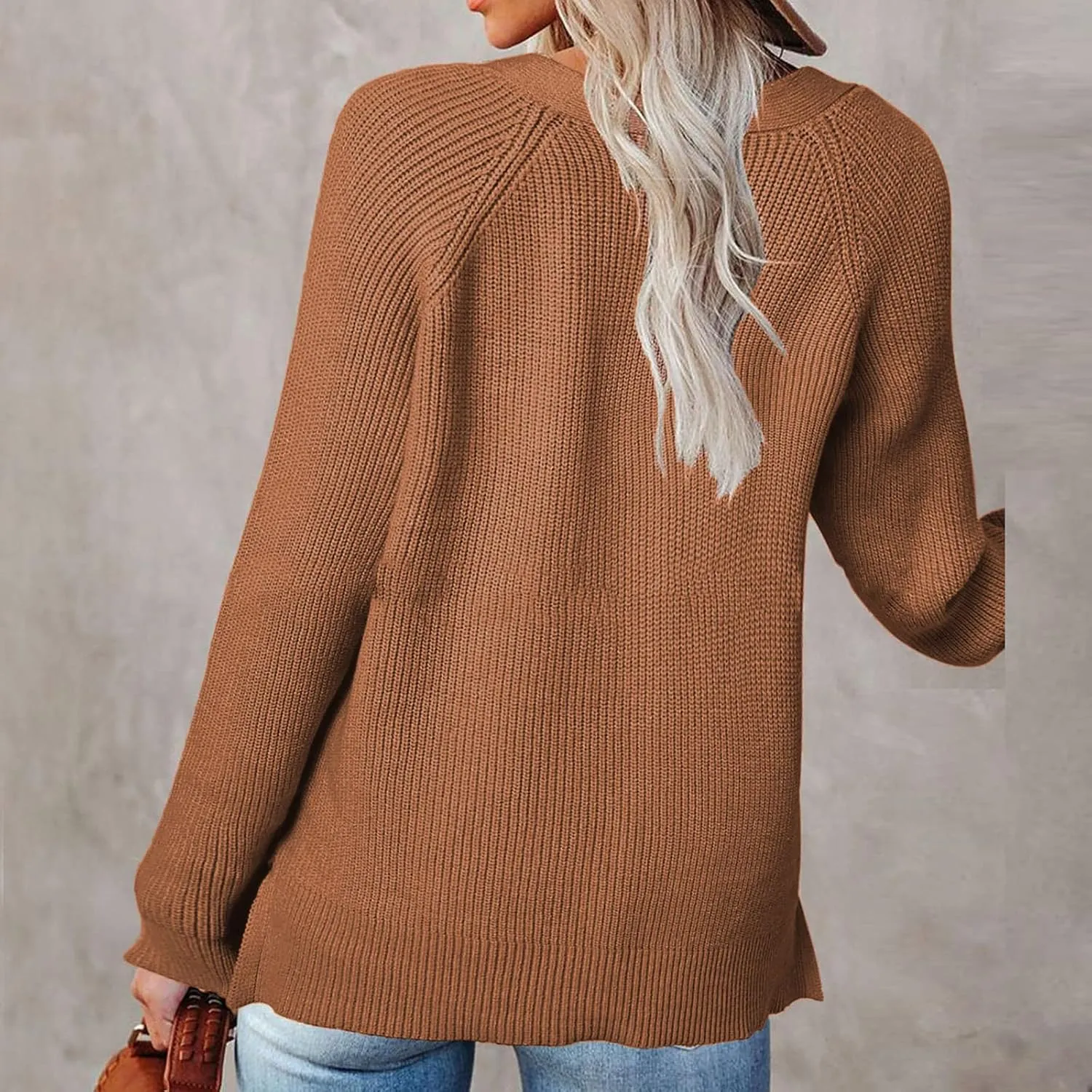 Womens Sweater Long Sleeve V-Neck Button Down Ribbed Knit Pullover Sweaters Solid Casual Relaxed Fit Jumper Tops