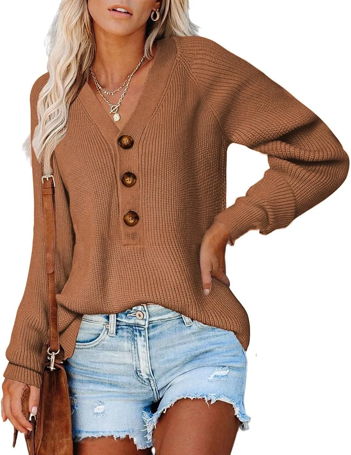 Womens Sweater Long Sleeve V-Neck Button Down Ribbed Knit Pullover Sweaters Solid Casual Relaxed Fit Jumper Tops