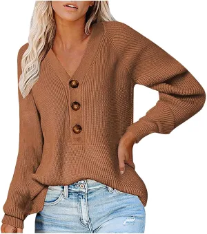 Womens Sweater Long Sleeve V-Neck Button Down Ribbed Knit Pullover Sweaters Solid Casual Relaxed Fit Jumper Tops