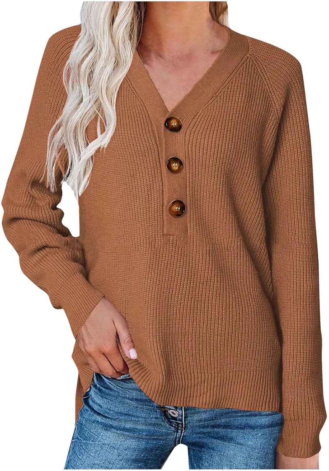 Womens Sweater Long Sleeve V-Neck Button Down Ribbed Knit Pullover Sweaters Solid Casual Relaxed Fit Jumper Tops