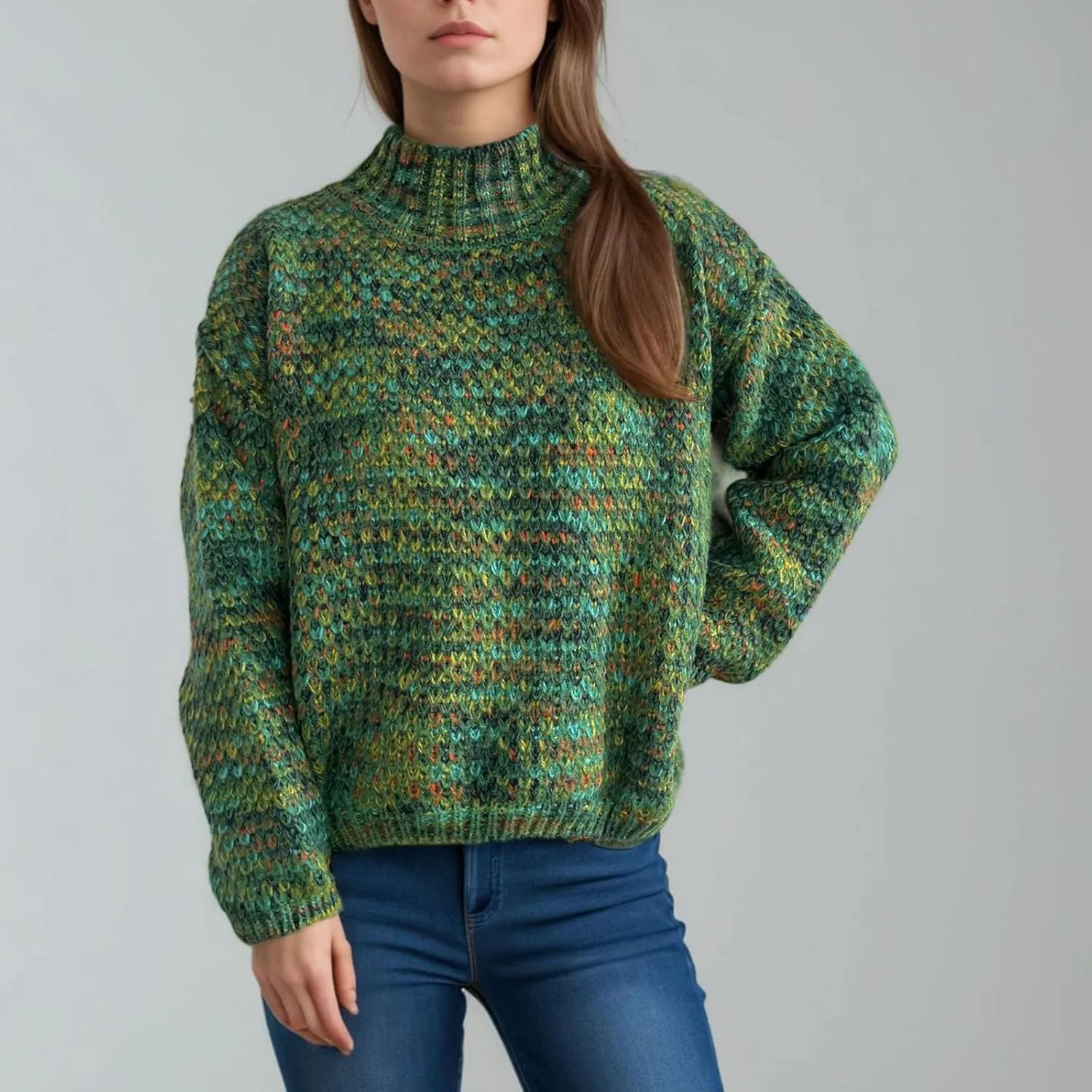 Women's Sweaters Fashion Color Block Mock Neck Long Sleeve Chunky Knitted Jumpers Tops Casual Loose Pullover Sweaters
