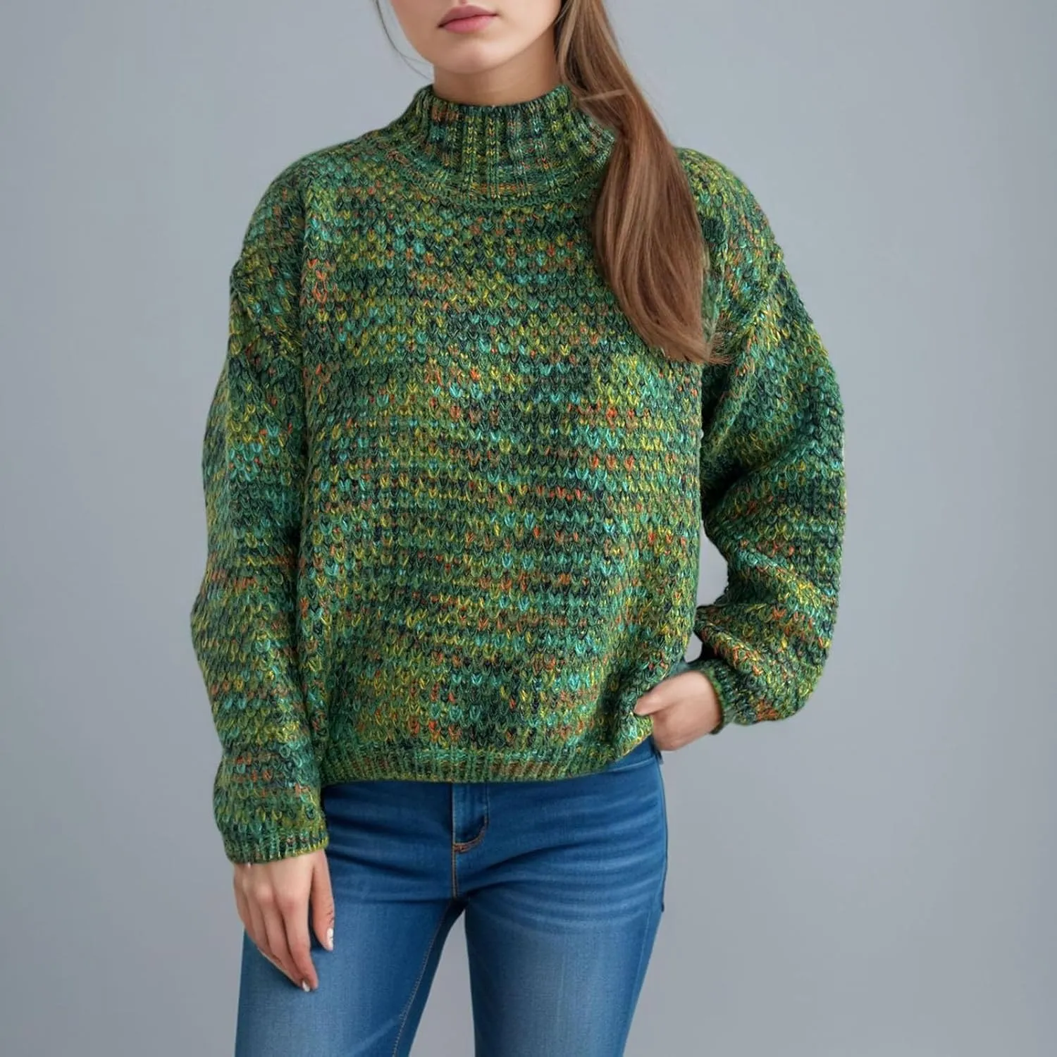 Women's Sweaters Fashion Color Block Mock Neck Long Sleeve Chunky Knitted Jumpers Tops Casual Loose Pullover Sweaters