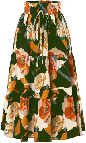 Womens Tiered Floral Maxi Skirts Trendy Summer Boho Beach Long Dress Drawstring Waist Flowy Swing A-Line Skirt