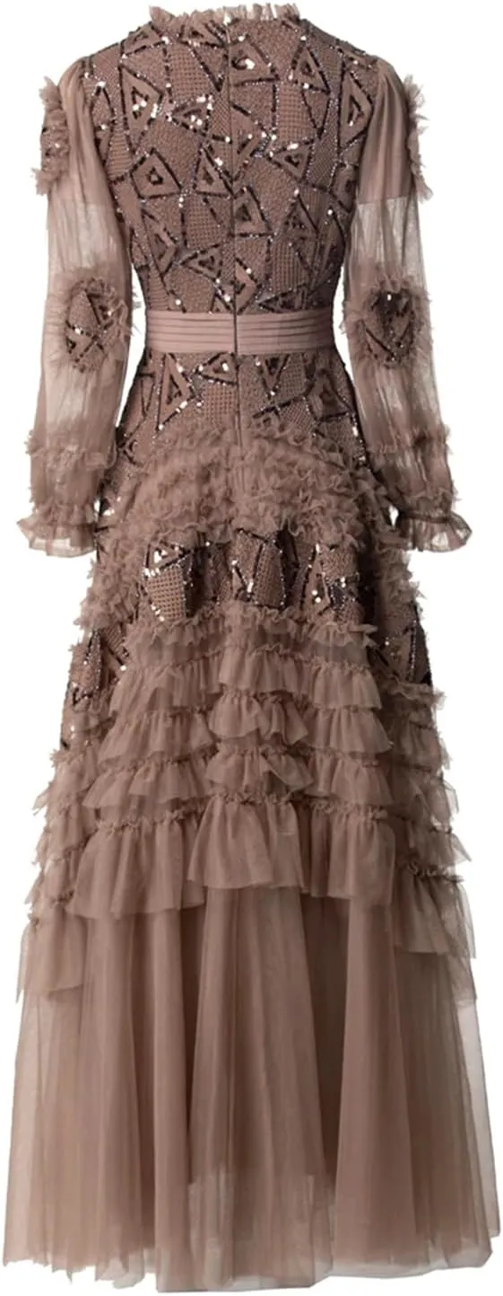 Women's Tulle A-Line Dresses Crew Neck Long Sleeves Beaded Ruffles Tiered Layered Party Maxi Prom Gown