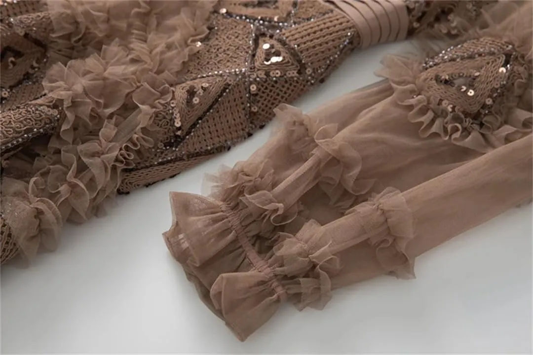 Women's Tulle A-Line Dresses Crew Neck Long Sleeves Beaded Ruffles Tiered Layered Party Maxi Prom Gown