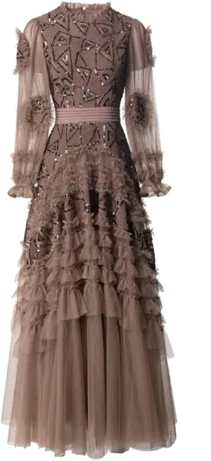 Women's Tulle A-Line Dresses Crew Neck Long Sleeves Beaded Ruffles Tiered Layered Party Maxi Prom Gown
