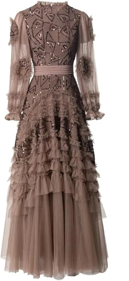 Women's Tulle A-Line Dresses Crew Neck Long Sleeves Beaded Ruffles Tiered Layered Party Maxi Prom Gown