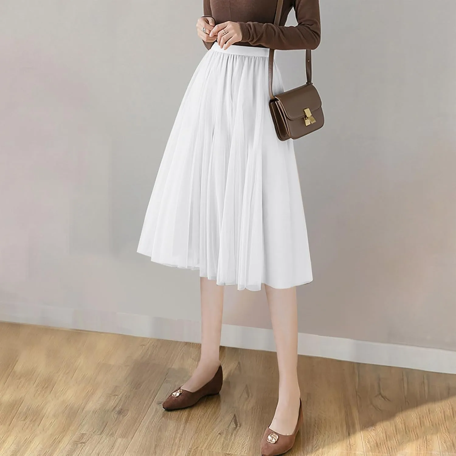 Womens Tulle Skirt Solid Color Elastic High Waist Pleated Mesh Flowy A-Line Skirts Summer Midi Skort