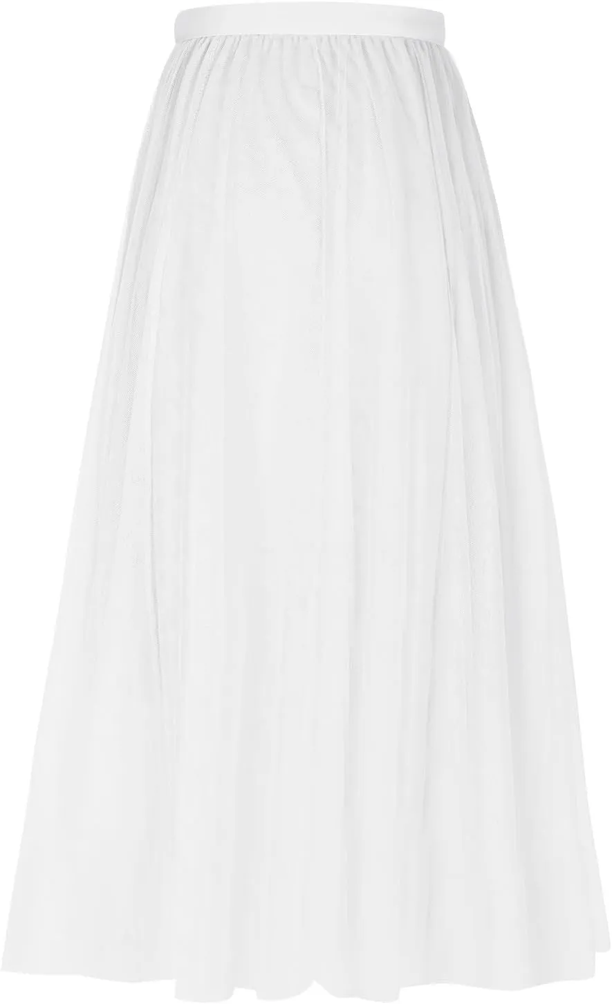 Womens Tulle Skirt Solid Color Elastic High Waist Pleated Mesh Flowy A-Line Skirts Summer Midi Skort