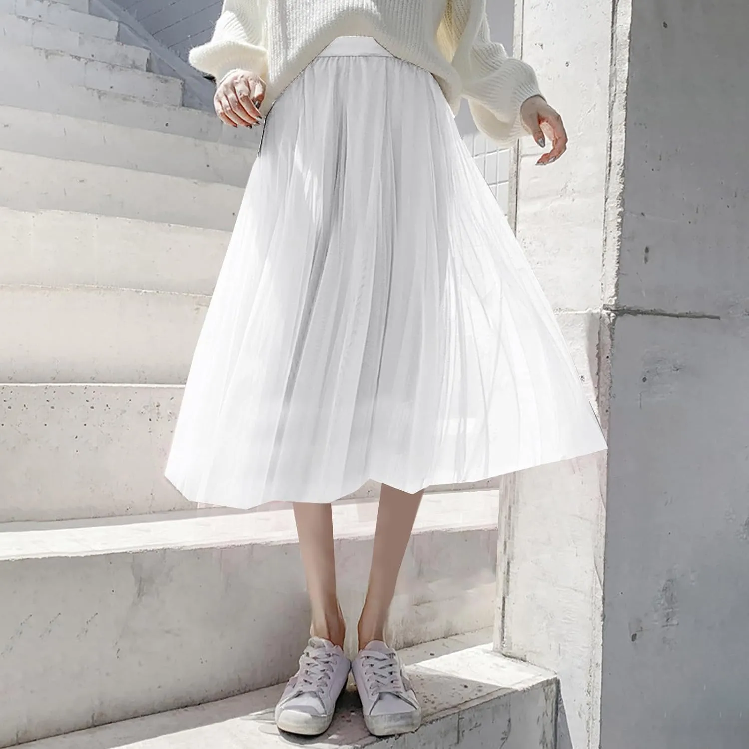 Womens Tulle Skirt Solid Color Elastic High Waist Pleated Mesh Flowy A-Line Skirts Summer Midi Skort