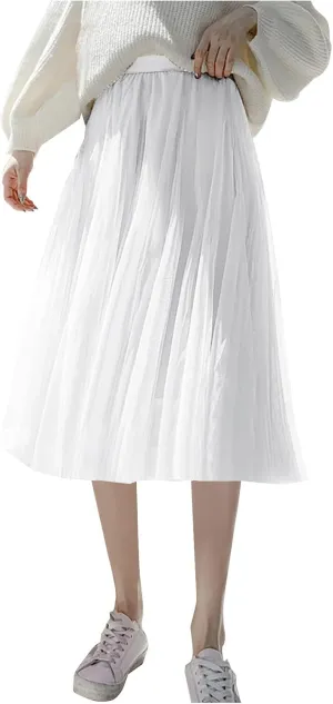 Womens Tulle Skirt Solid Color Elastic High Waist Pleated Mesh Flowy A-Line Skirts Summer Midi Skort