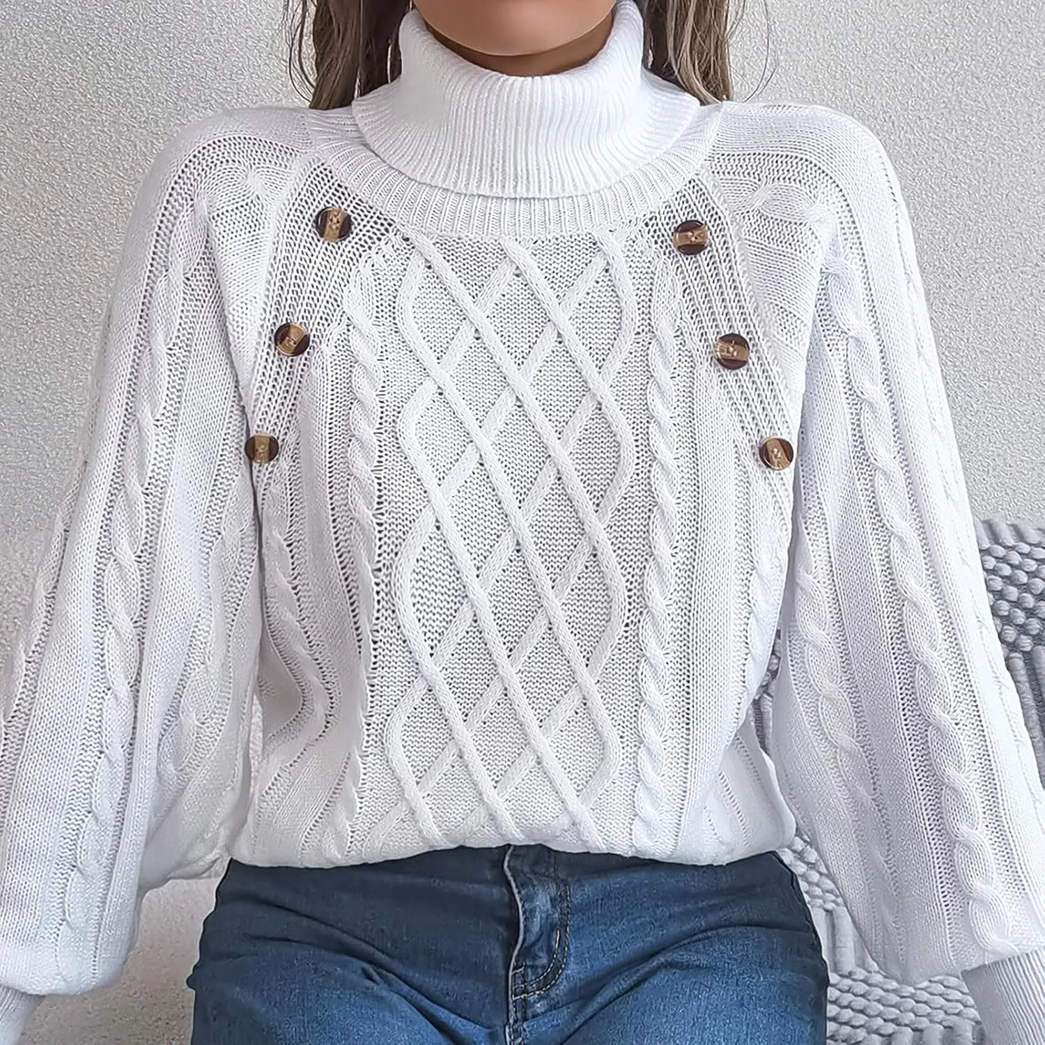 Womens Turtleneck Sweaters Soft Puff Long Sleeve Buttons Decor Solid Color Chunky Cable Knit Pullovers Jumper Tops
