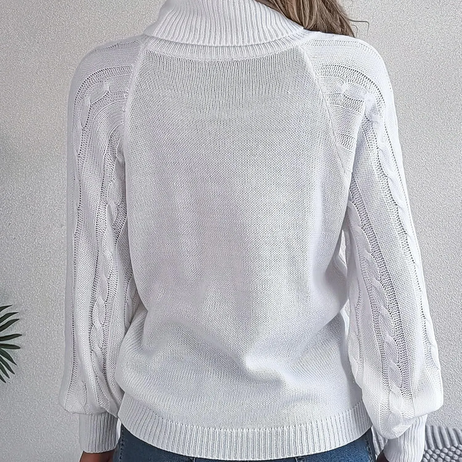 Womens Turtleneck Sweaters Soft Puff Long Sleeve Buttons Decor Solid Color Chunky Cable Knit Pullovers Jumper Tops