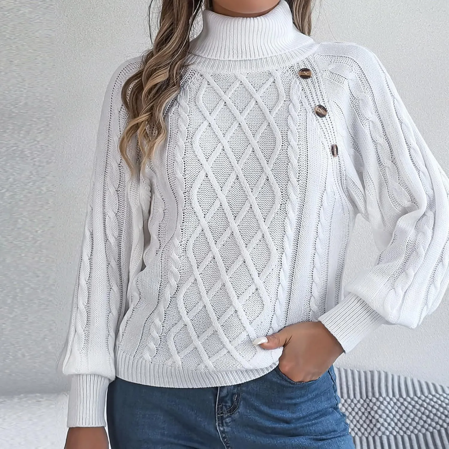 Womens Turtleneck Sweaters Soft Puff Long Sleeve Buttons Decor Solid Color Chunky Cable Knit Pullovers Jumper Tops