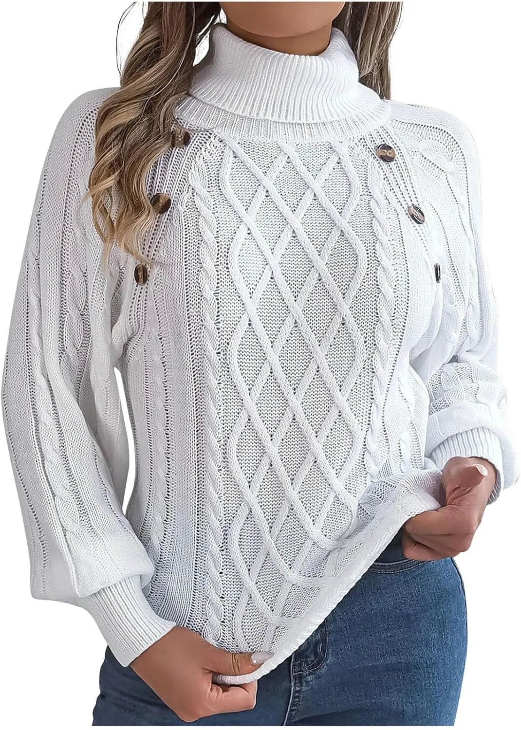 Womens Turtleneck Sweaters Soft Puff Long Sleeve Buttons Decor Solid Color Chunky Cable Knit Pullovers Jumper Tops