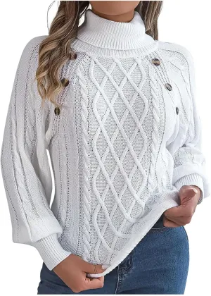Womens Turtleneck Sweaters Soft Puff Long Sleeve Buttons Decor Solid Color Chunky Cable Knit Pullovers Jumper Tops