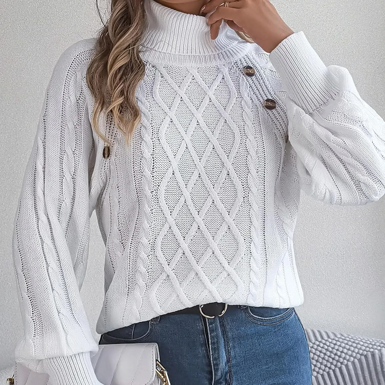 Womens Turtleneck Sweaters Soft Puff Long Sleeve Buttons Decor Solid Color Chunky Cable Knit Pullovers Jumper Tops