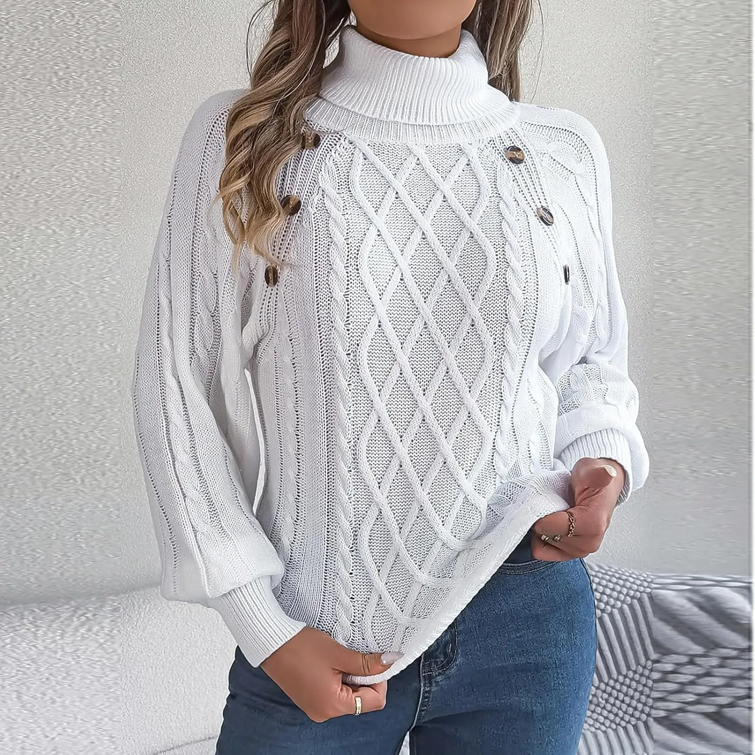 Womens Turtleneck Sweaters Soft Puff Long Sleeve Buttons Decor Solid Color Chunky Cable Knit Pullovers Jumper Tops