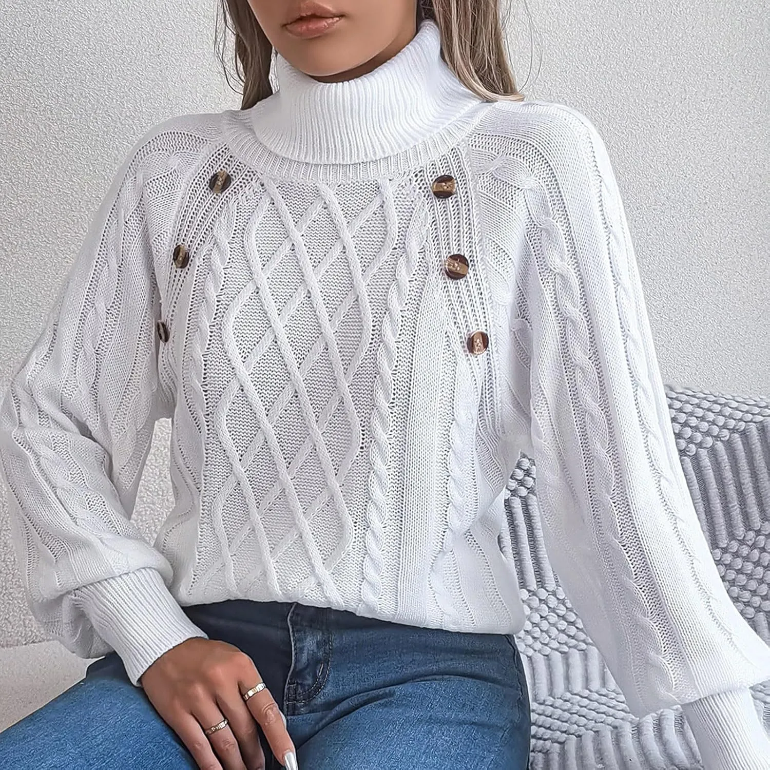 Womens Turtleneck Sweaters Soft Puff Long Sleeve Buttons Decor Solid Color Chunky Cable Knit Pullovers Jumper Tops
