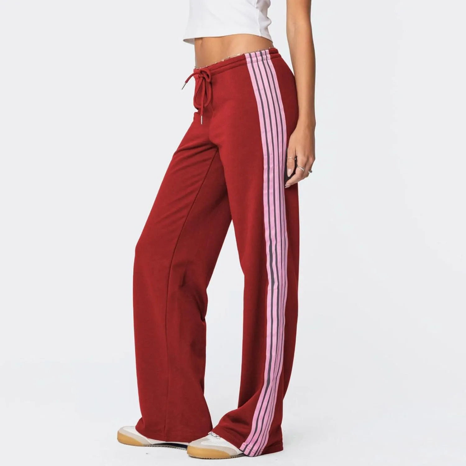 Womens Wide Leg Elasticated High Waist Trousers Side Striped Design Straight Casual Sweatpants Baggy Vintage Summer Pants