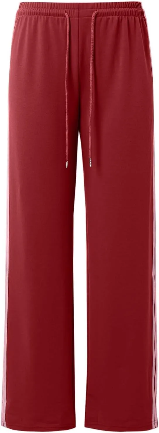 Womens Wide Leg Elasticated High Waist Trousers Side Striped Design Straight Casual Sweatpants Baggy Vintage Summer Pants