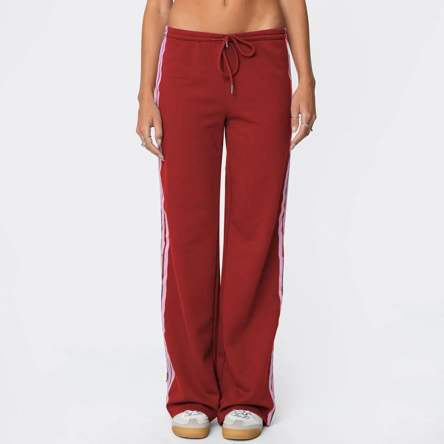 Womens Wide Leg Elasticated High Waist Trousers Side Striped Design Straight Casual Sweatpants Baggy Vintage Summer Pants