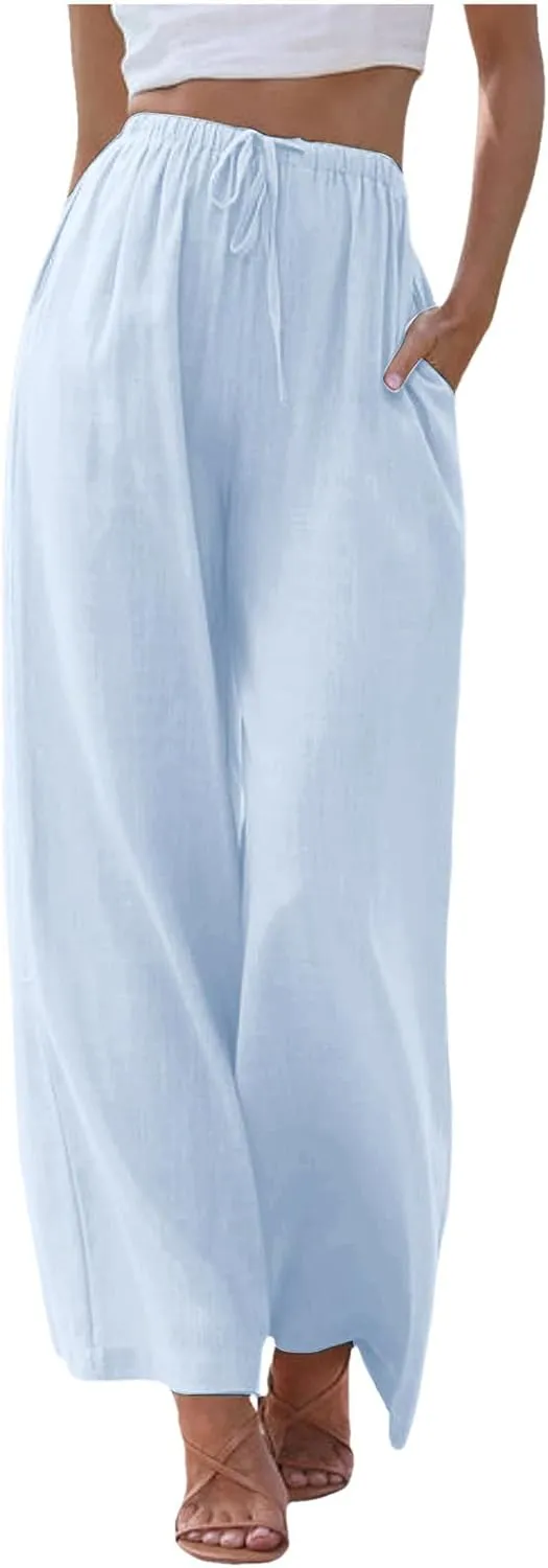 Womens Yoga Pants High Waisted Pants Drawstring Elastic Waist Straight Leg Loose Fit Trousers with Pockets