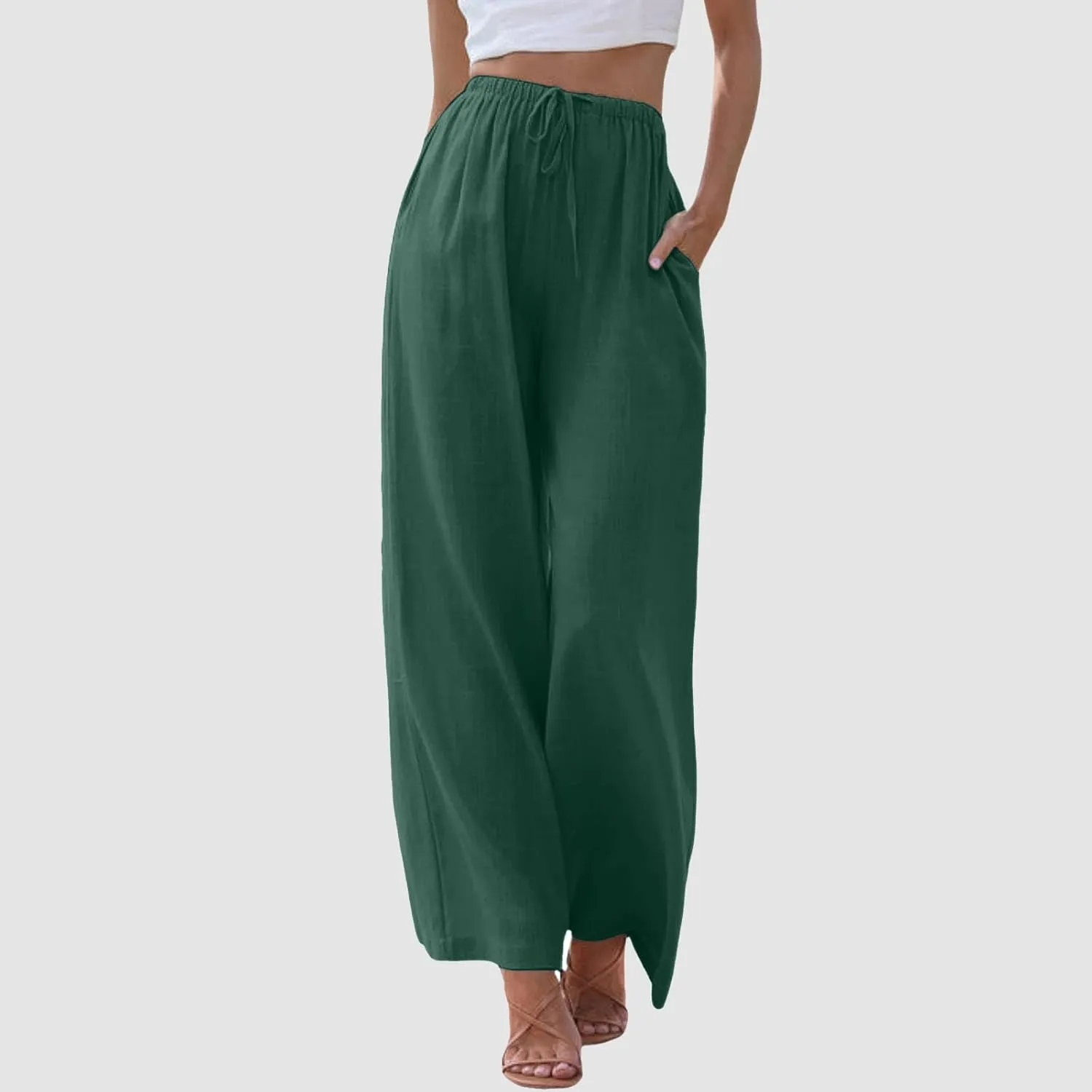 Womens Yoga Pants High Waisted Pants Drawstring Elastic Waist Straight Leg Loose Fit Trousers with Pockets