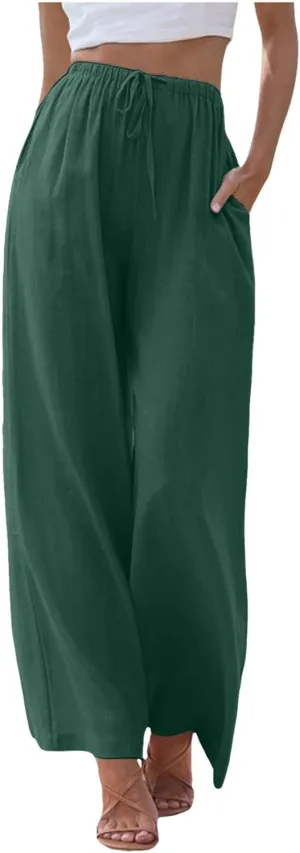 Womens Yoga Pants High Waisted Pants Drawstring Elastic Waist Straight Leg Loose Fit Trousers with Pockets