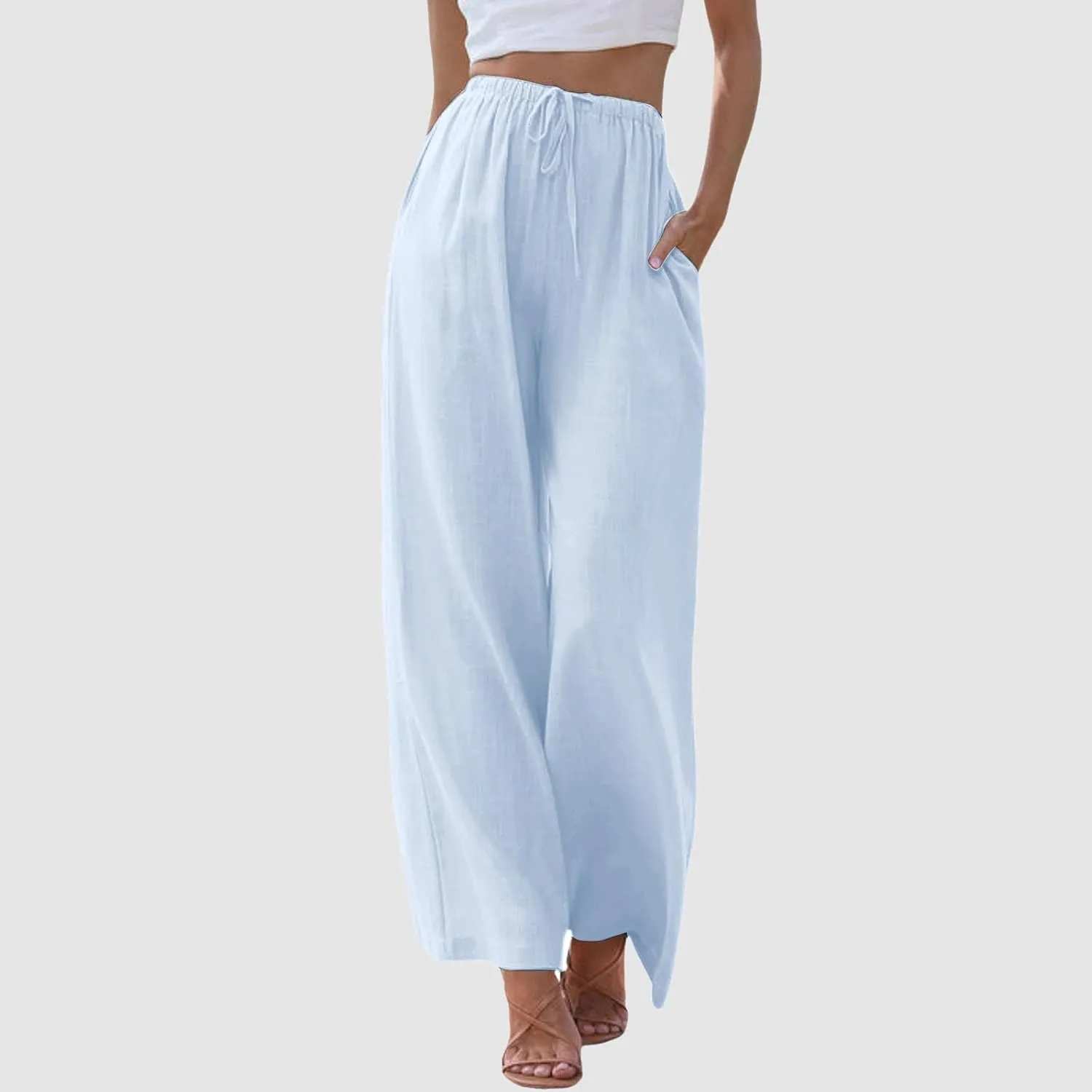 Womens Yoga Pants High Waisted Pants Drawstring Elastic Waist Straight Leg Loose Fit Trousers with Pockets