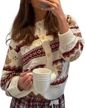 Y2k Knit Cardigans for Women Cute Bear Bow Long Sleeve Crewneck Sweater Button Down Casual Fall Tops Knitwear