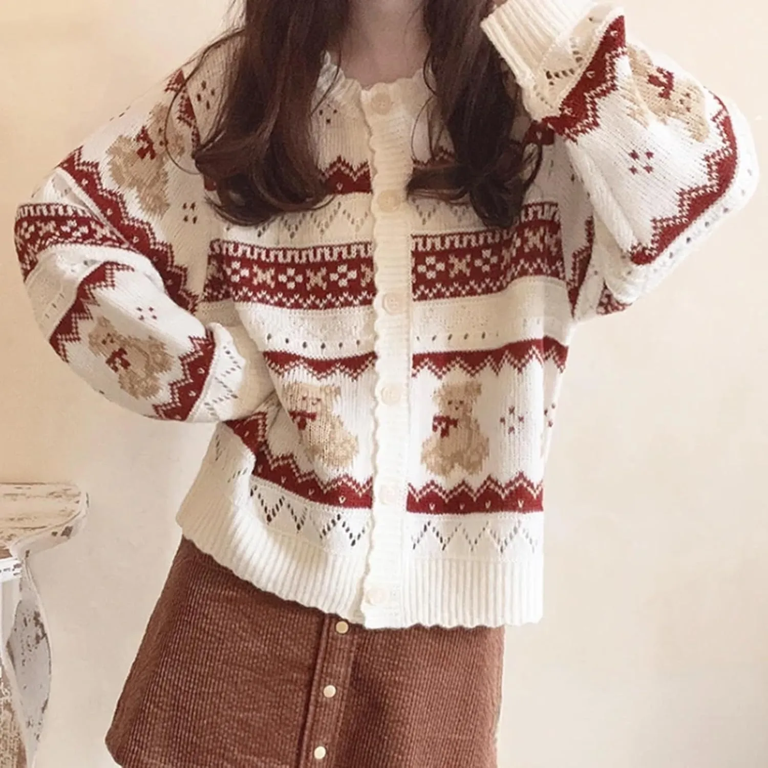 Y2k Knit Cardigans for Women Cute Bear Bow Long Sleeve Crewneck Sweater Button Down Casual Fall Tops Knitwear