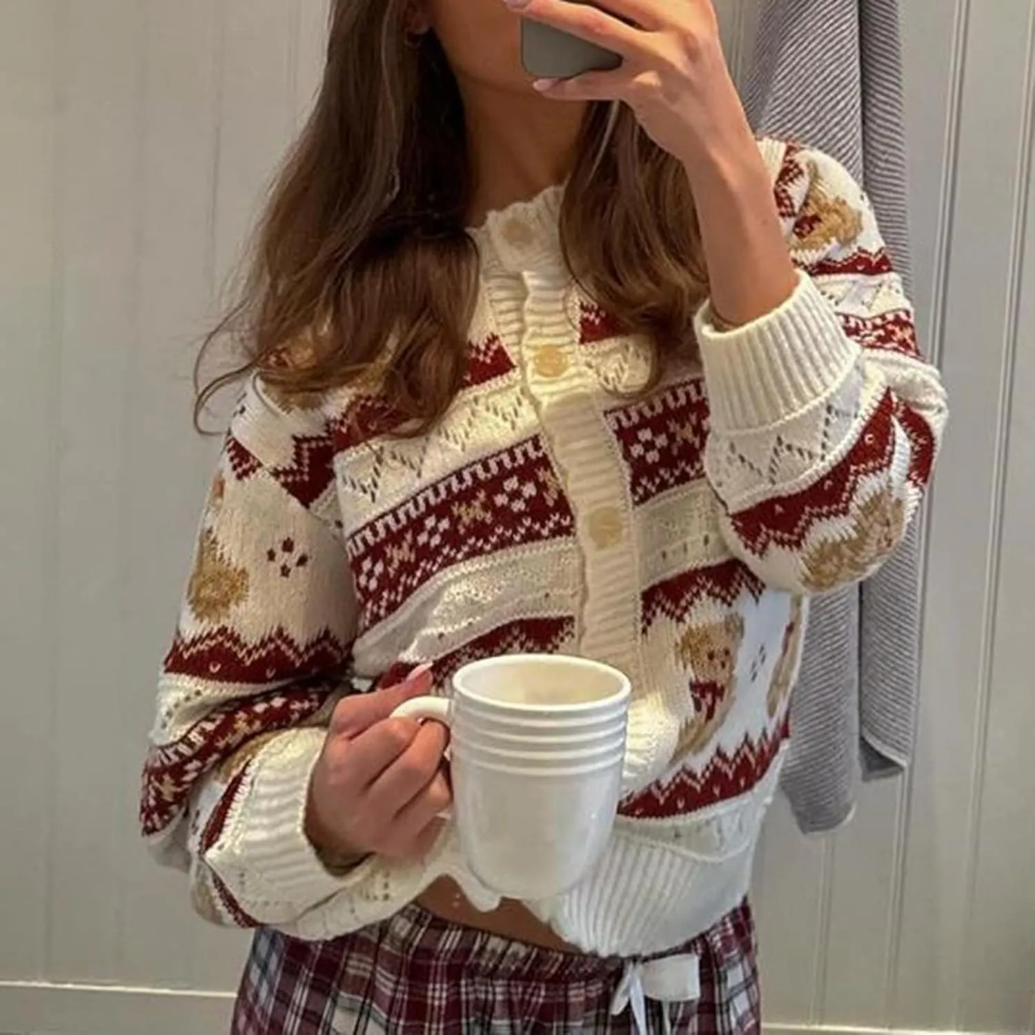 Y2k Knit Cardigans for Women Cute Bear Bow Long Sleeve Crewneck Sweater Button Down Casual Fall Tops Knitwear