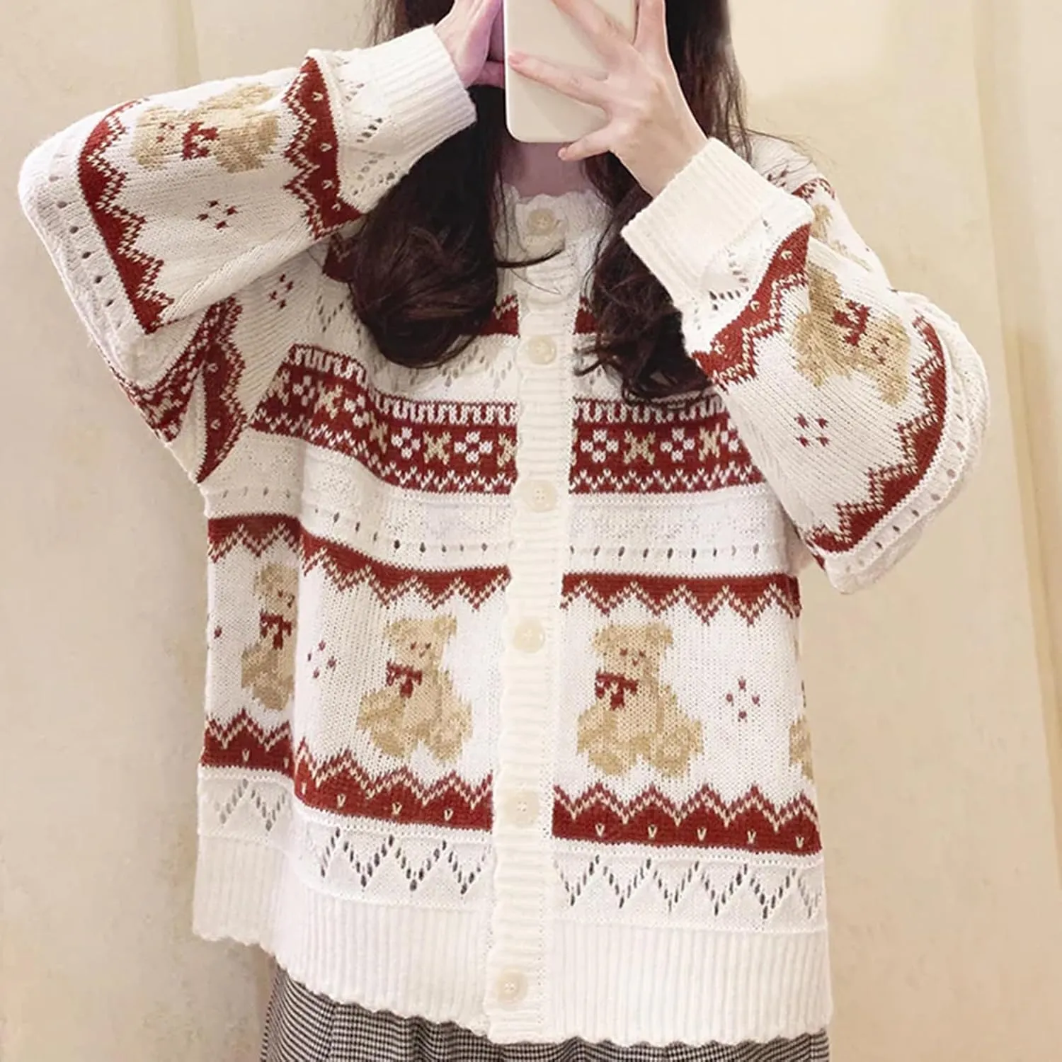Y2k Knit Cardigans for Women Cute Bear Bow Long Sleeve Crewneck Sweater Button Down Casual Fall Tops Knitwear